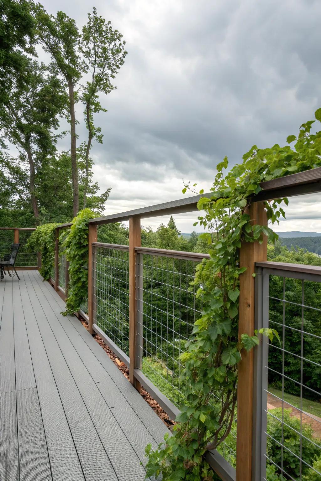 Vines on livestock panels provide natural privacy and lush beauty.