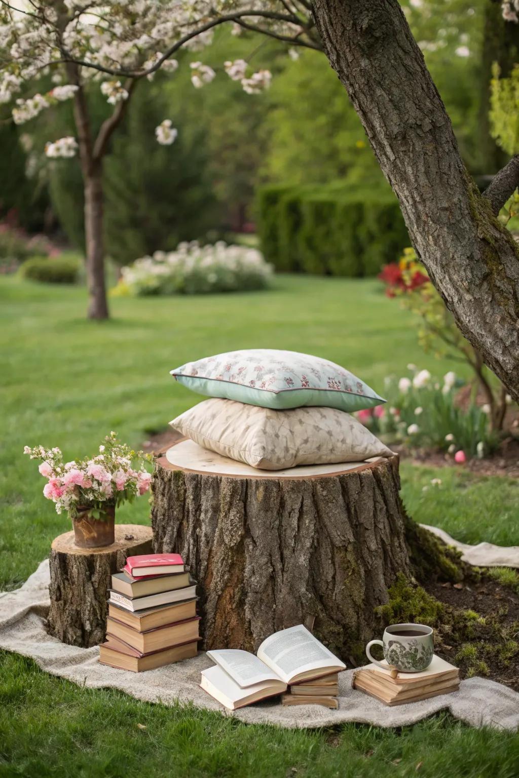 A tree stump evolves into a comfy reading area in the garden.