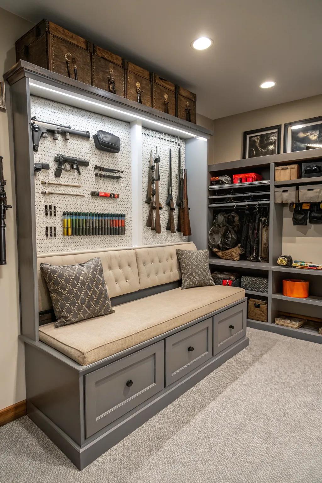 Multi-tasking furnishings enhance utility and conserve space.