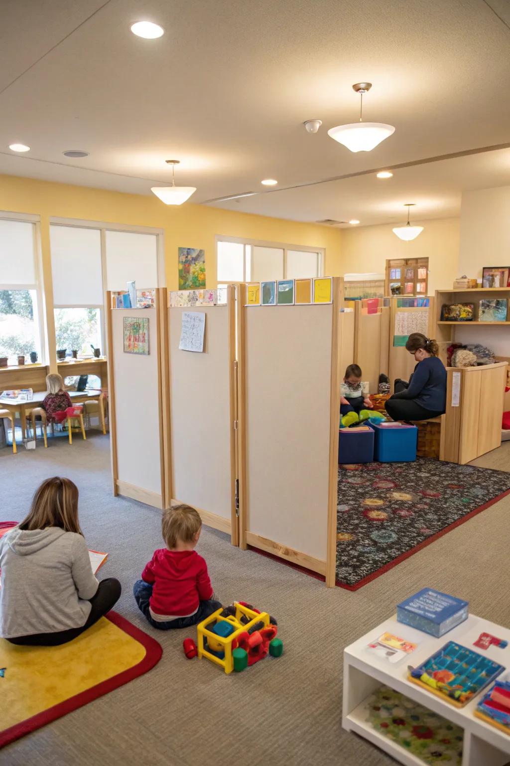 Versatile partitions facilitating adaptable spaces.