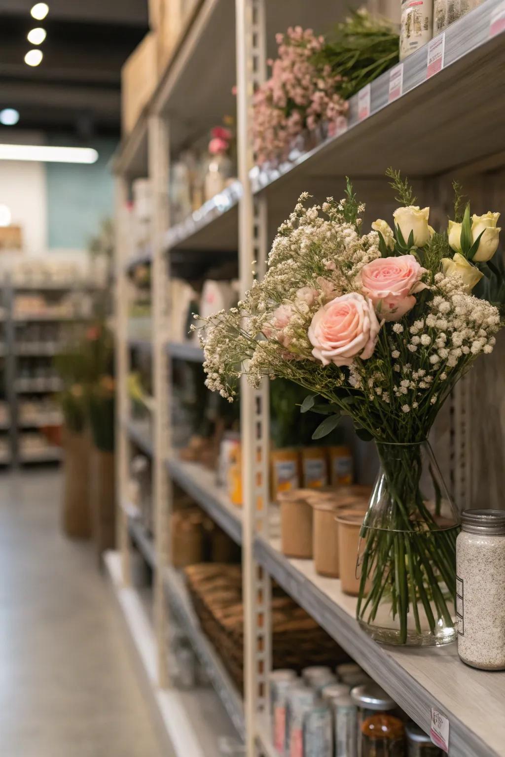Floral arrangements infuse texture into floating shelves.