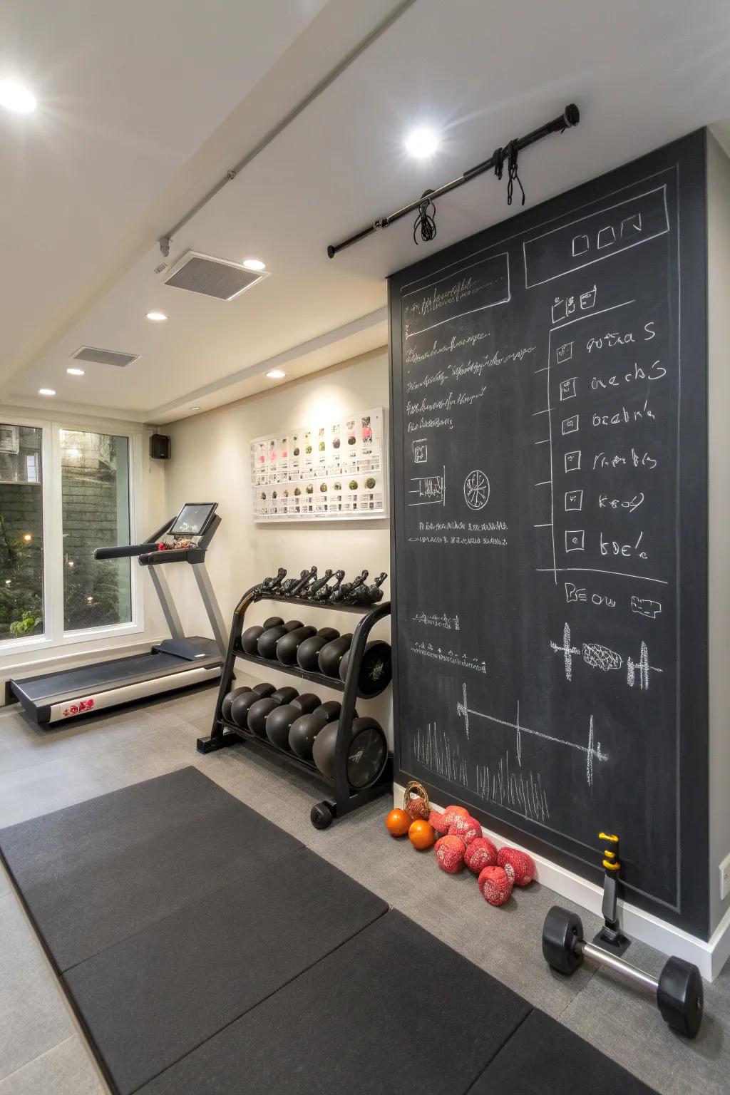 A chalkboard wall brings functionality and inspiration to your gym space.