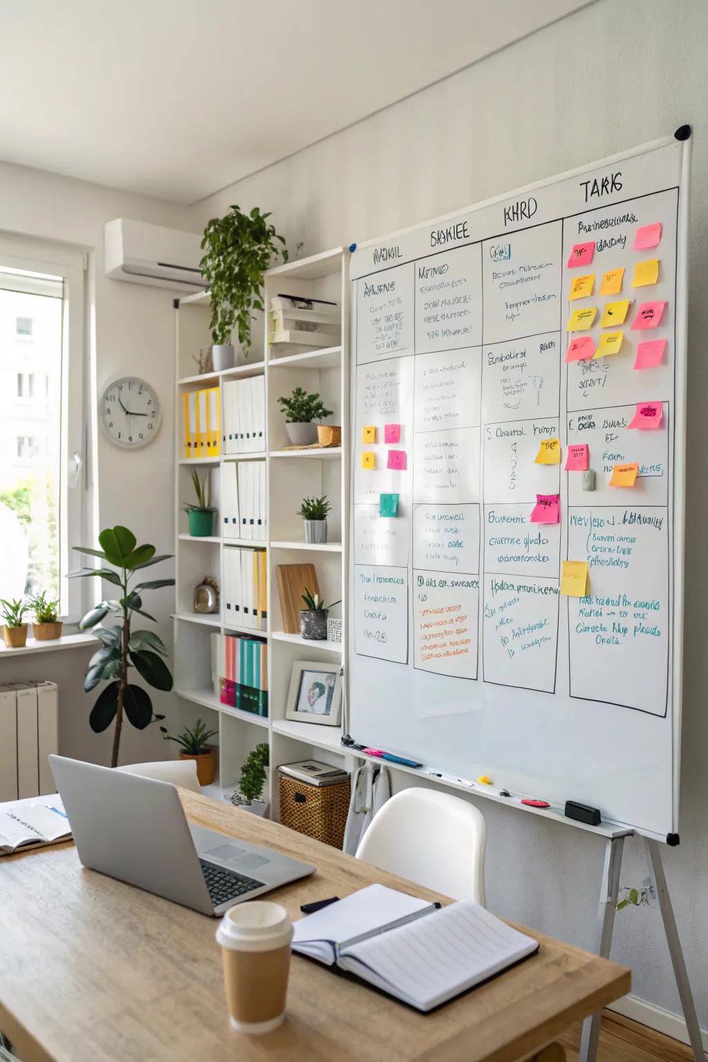 A whiteboard is ideal for keeping tasks organized and brainstorming new ideas.
