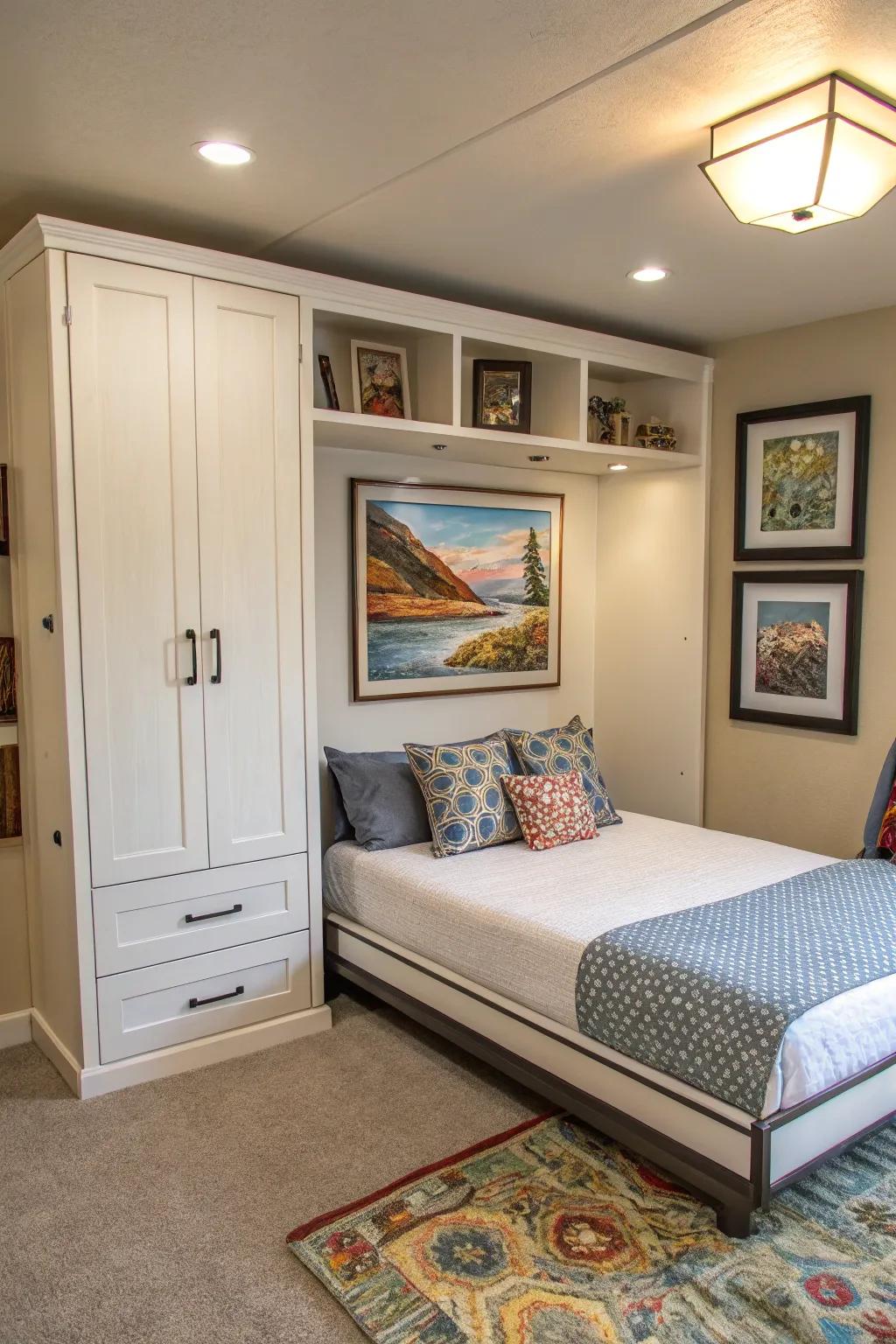 An artistic convertible bed using a hidden artwork display, adding creative flair to the area.