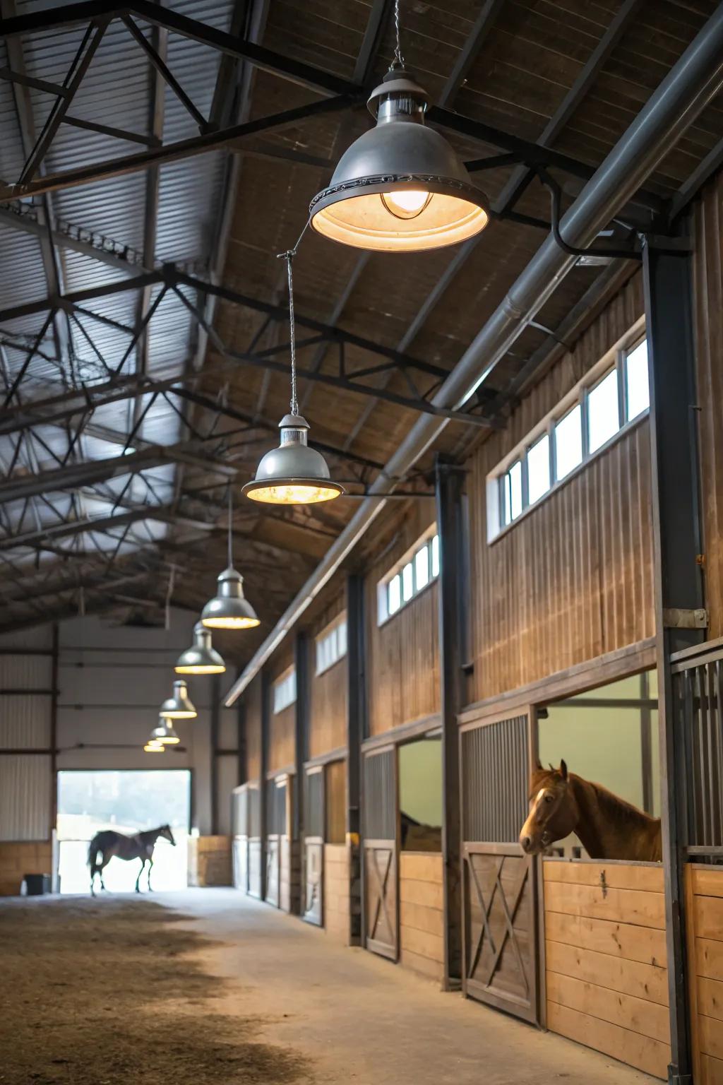 Factory-made parts add a chic, modern edge to the barn lighting.