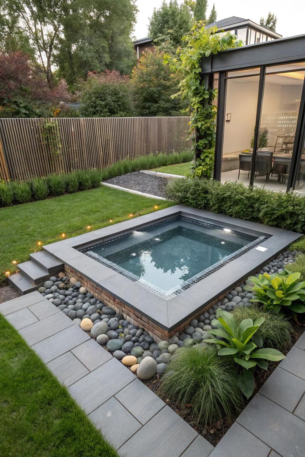 A sunken design proffers a sleek, contemporary hot tub aesthetic.