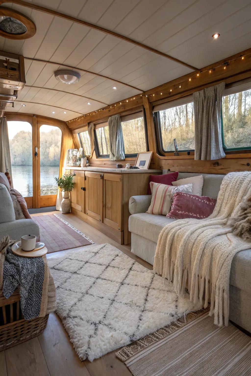 Textiles lend warmth and comfort to this houseboat's decor.