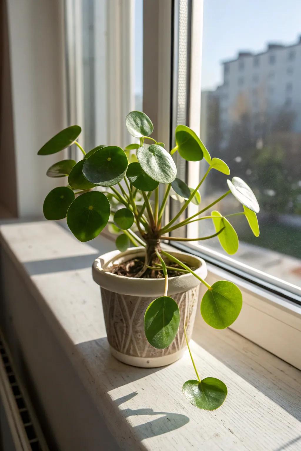 Pilea Peperomioides giving the windowsill charm and character.