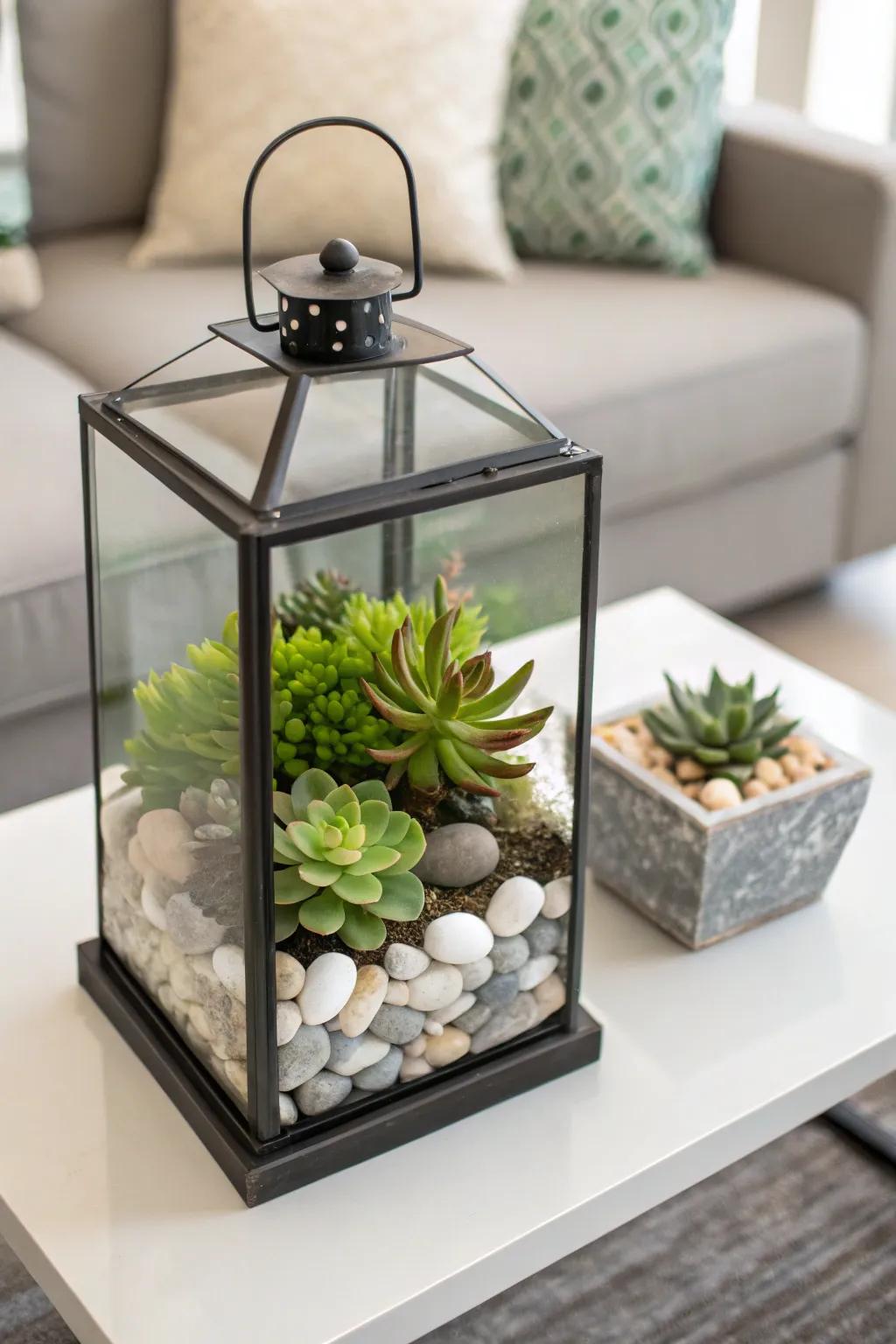 Modern lantern with a mix of succulents and stones.