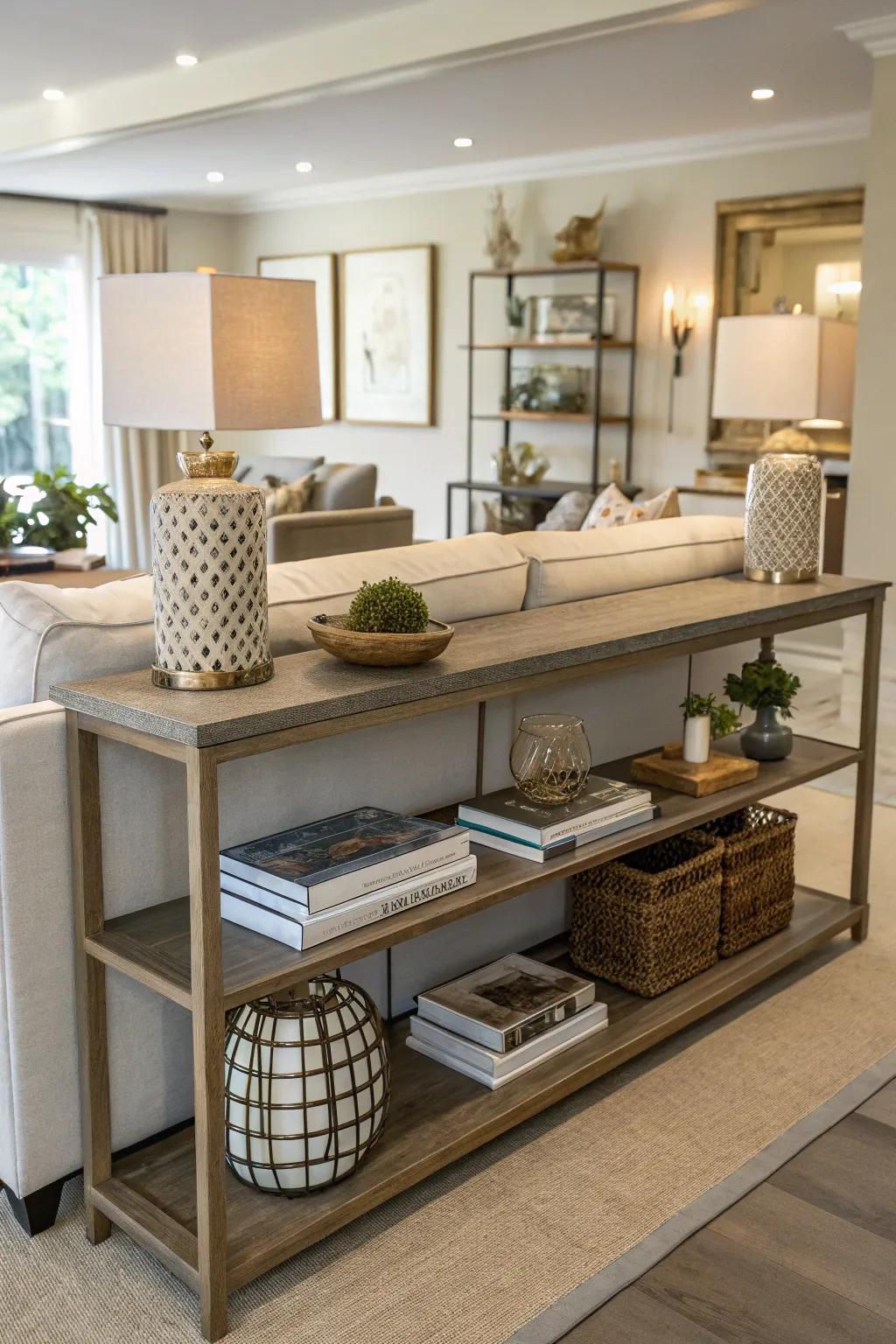 Floating shelves expand display options.