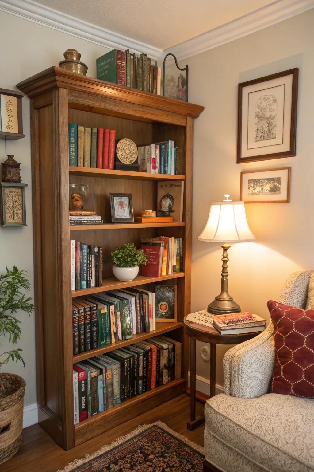 Maximize space and elegance utilizing a corner bookrack.