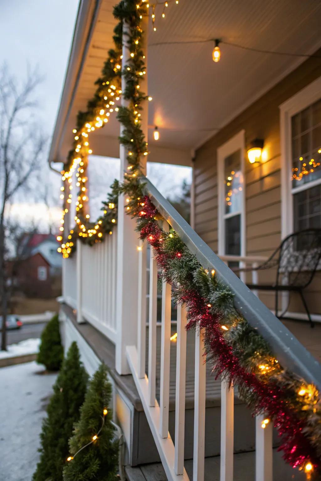 A porch with railings beautifully adorned with tinsel garland.