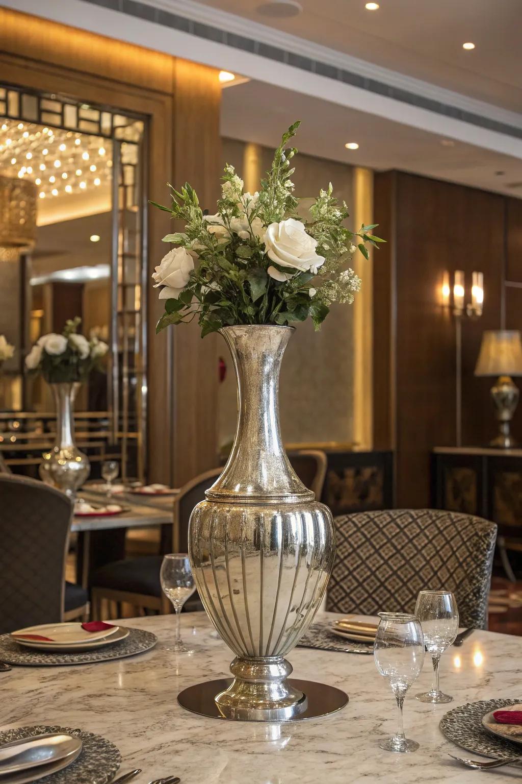 Metallic accents elevate the room’s sophistication