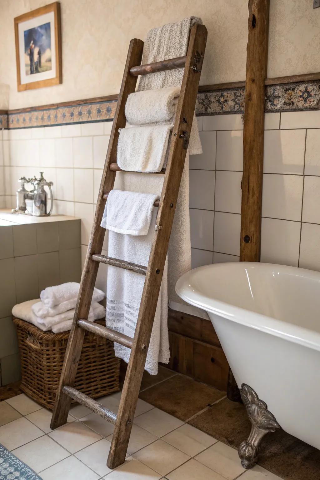 A time-worn ladder brings distinct charm and practicality to cloth displays.