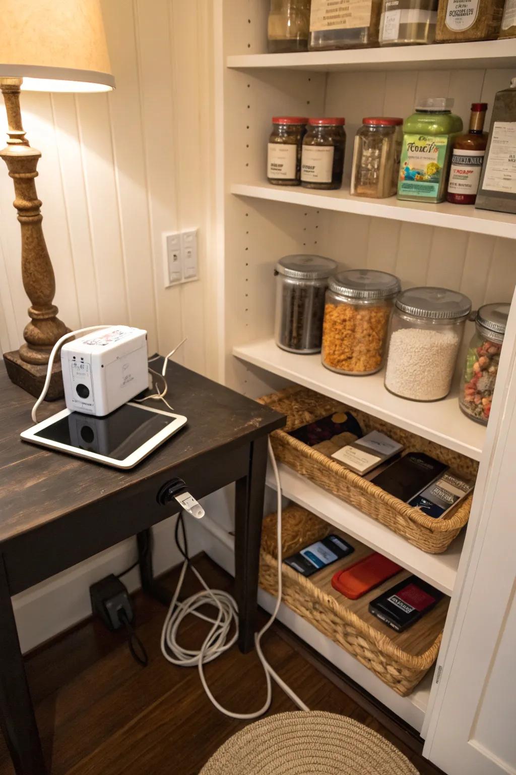 A petite alcove within the pantry functions as a domestic powering station.
