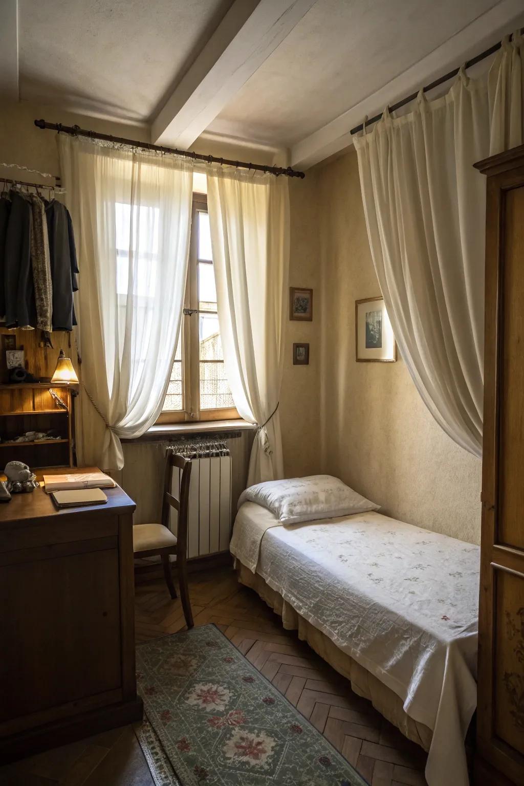 Curtains hung high to give the room a taller feel.