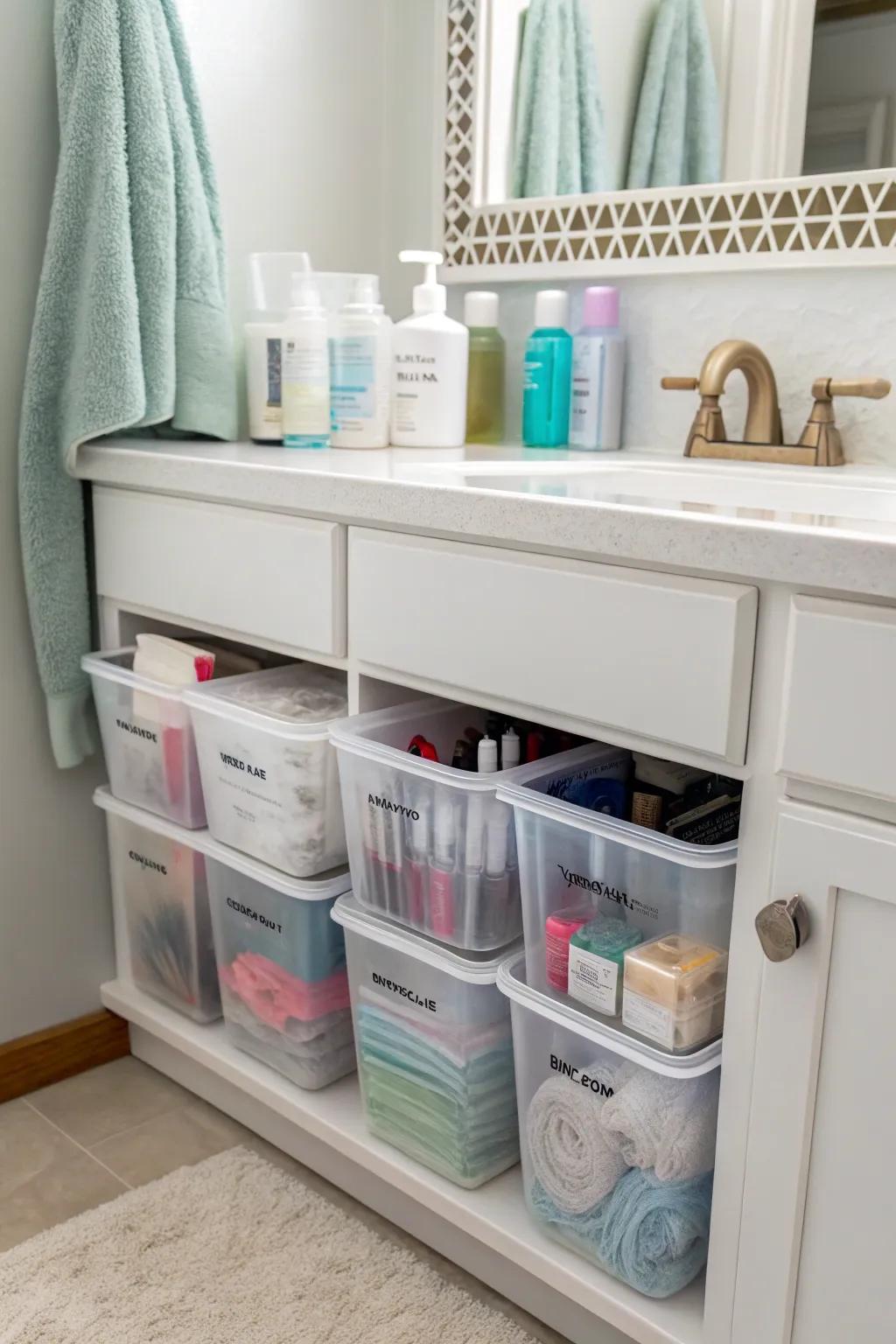 Recyclable plastic bins in a cabinet offer an eco-friendly storage solution.