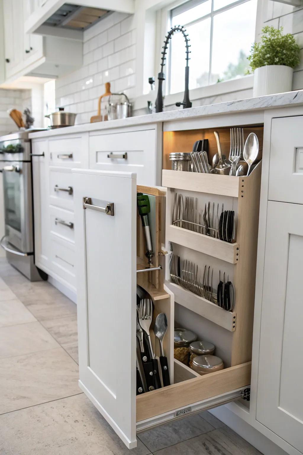 Cabinet sides provide additional storage opportunities.