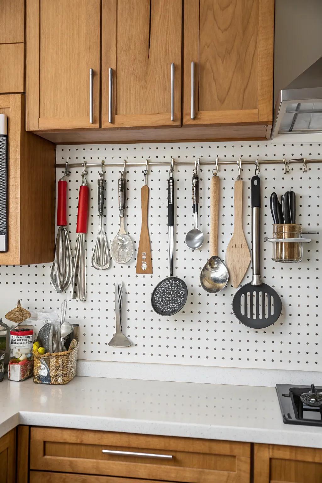 Pegboard transforming kitchen tools into art that's also practical.