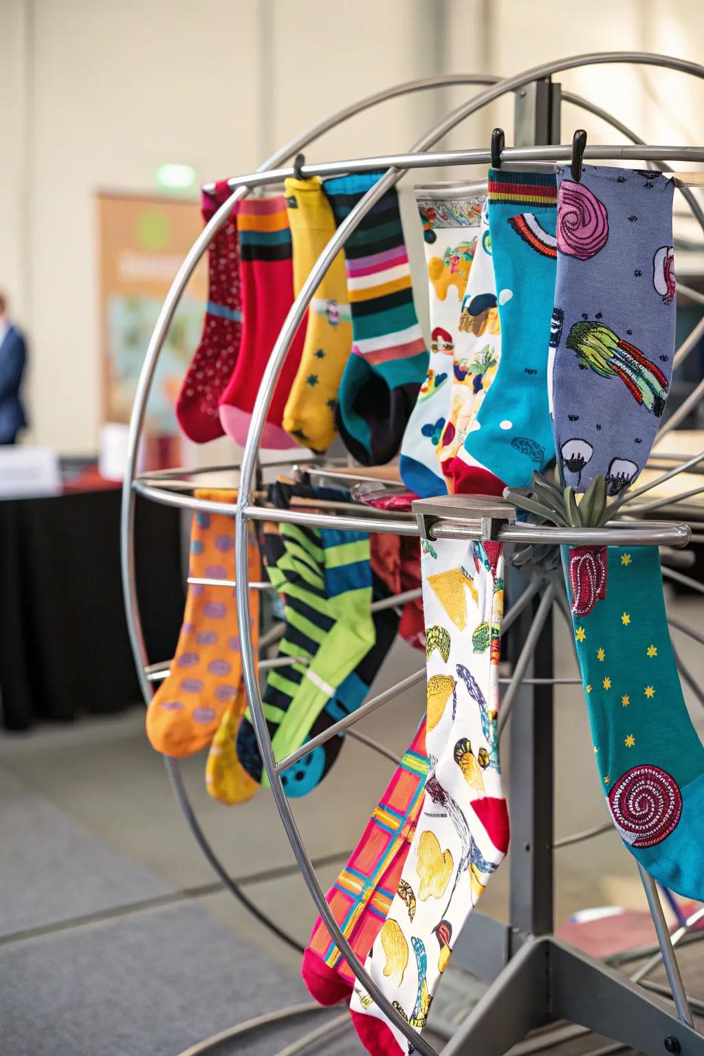 A revolving rack elegantly displays your sock assortment.