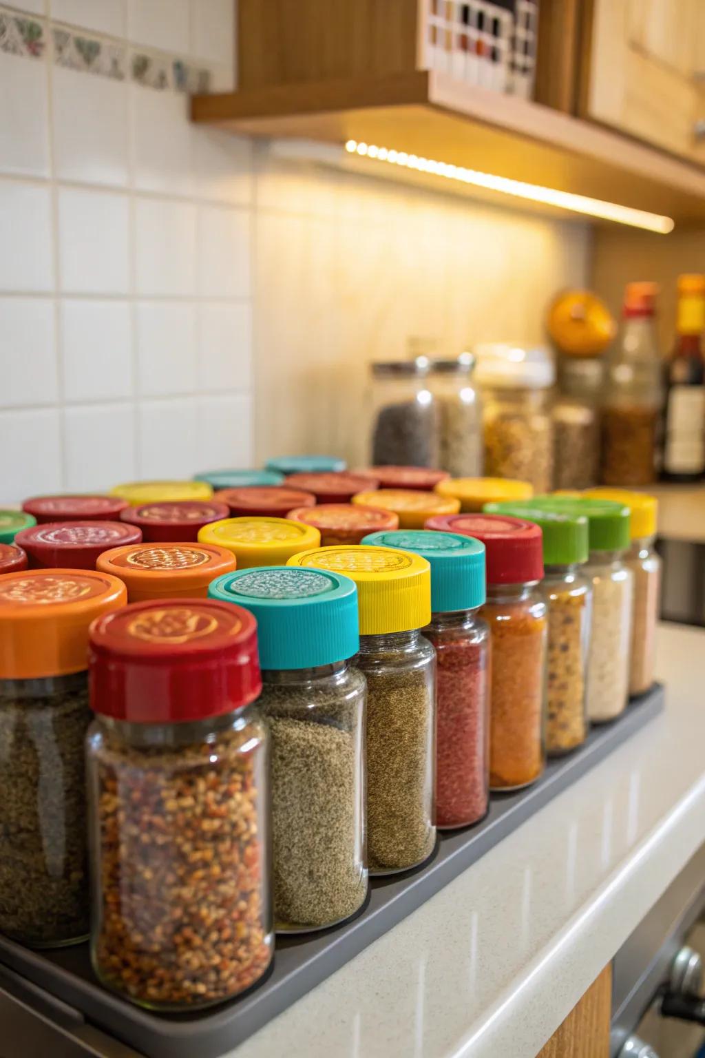 Hued caps make spice identification quick and simple.