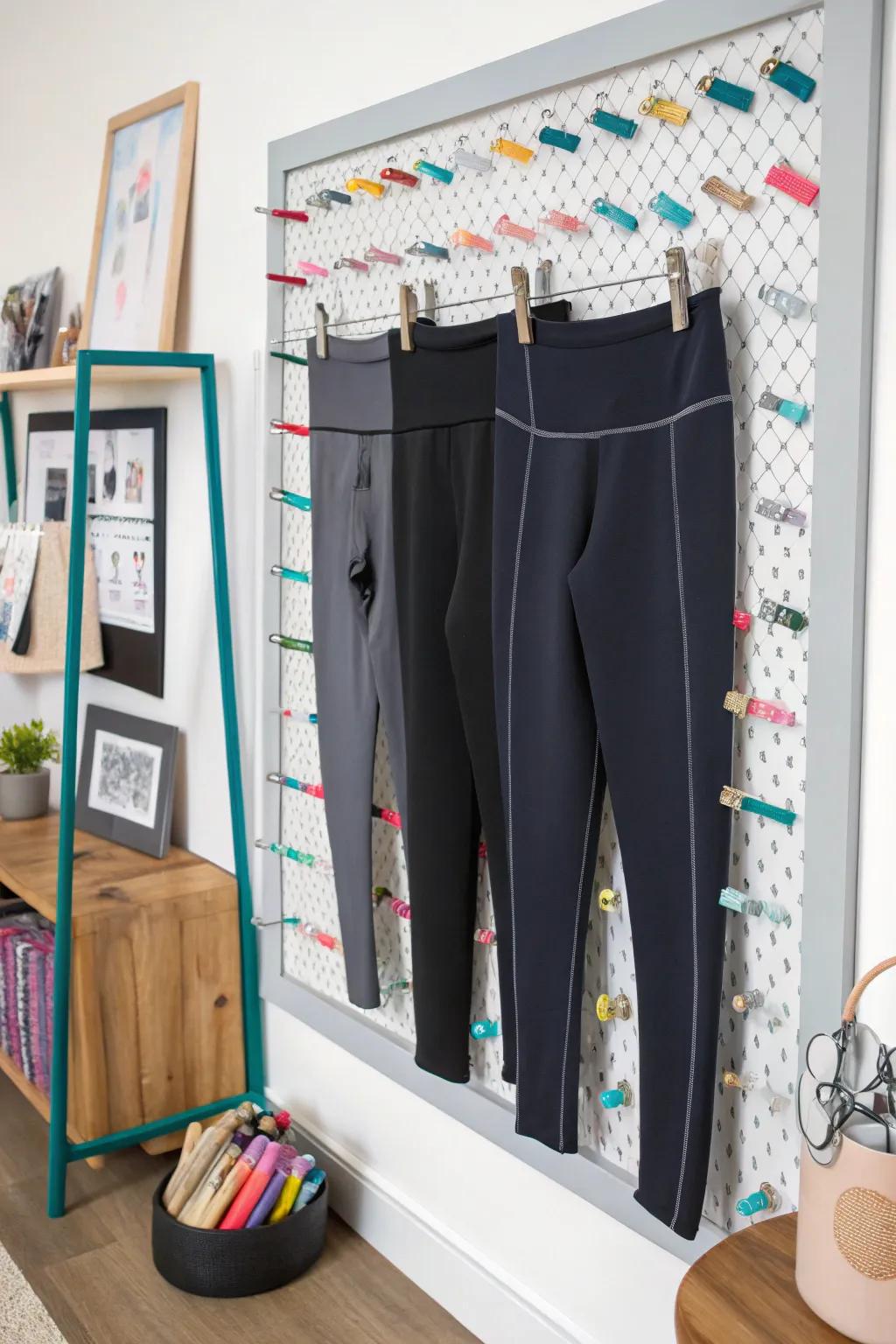 Display your leggings on a magnetic board for a modern and artistic touch.