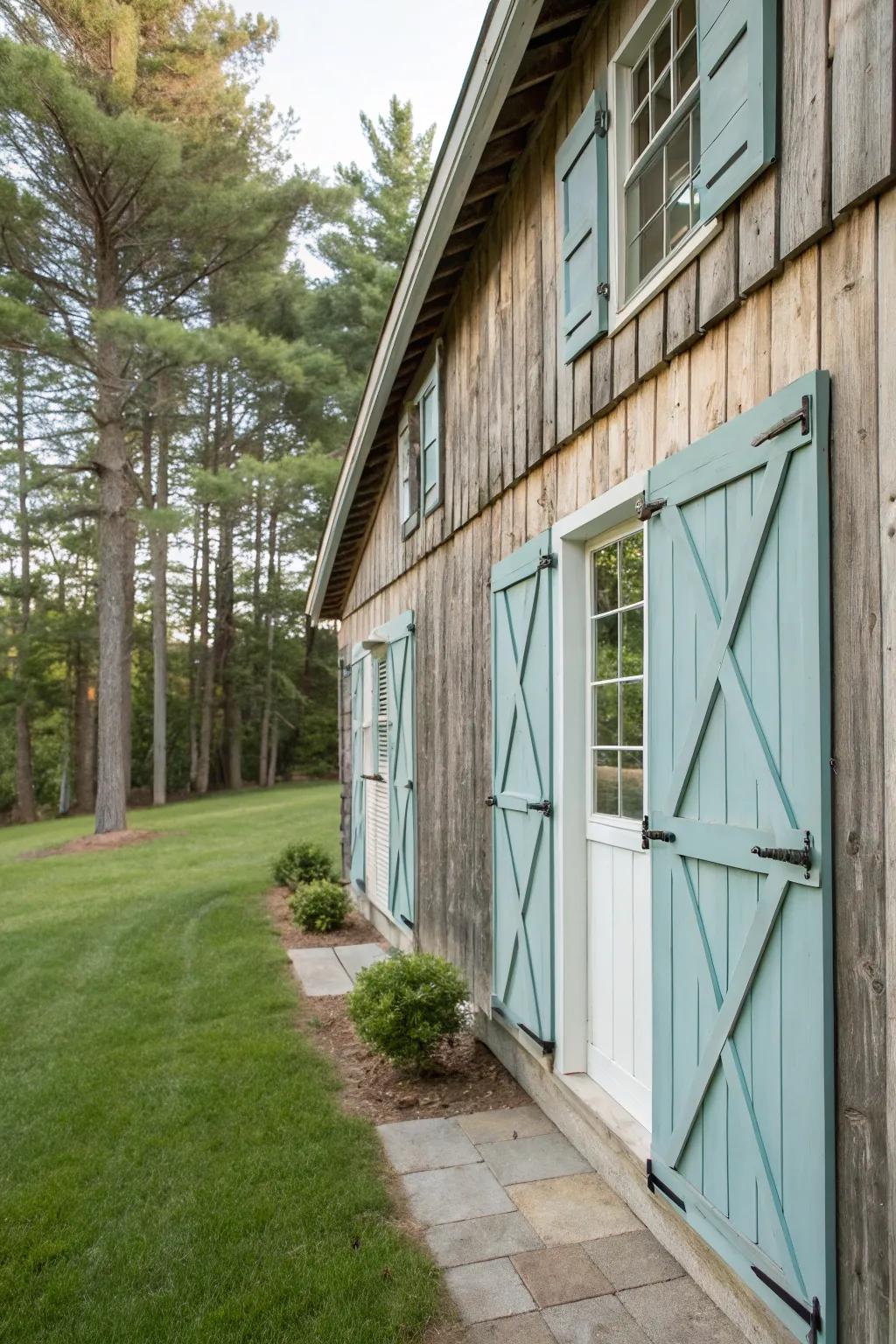 Barn-inspired window covers offer countryside charm and tempest safeguard.