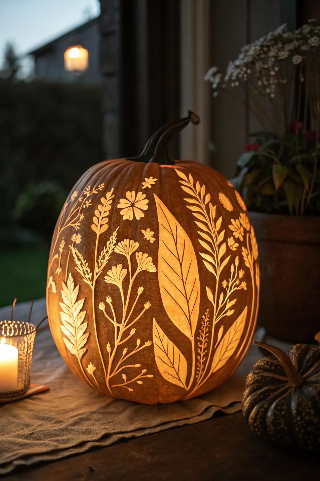 A pumpkin with botanical carvings offering a delicate and nature-inspired design.