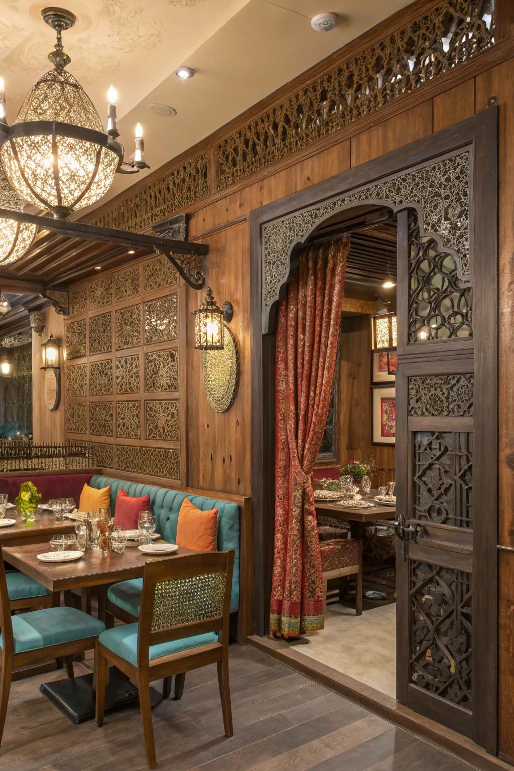 A blend of wood, metal, and fabric textures in an Indian restaurant.