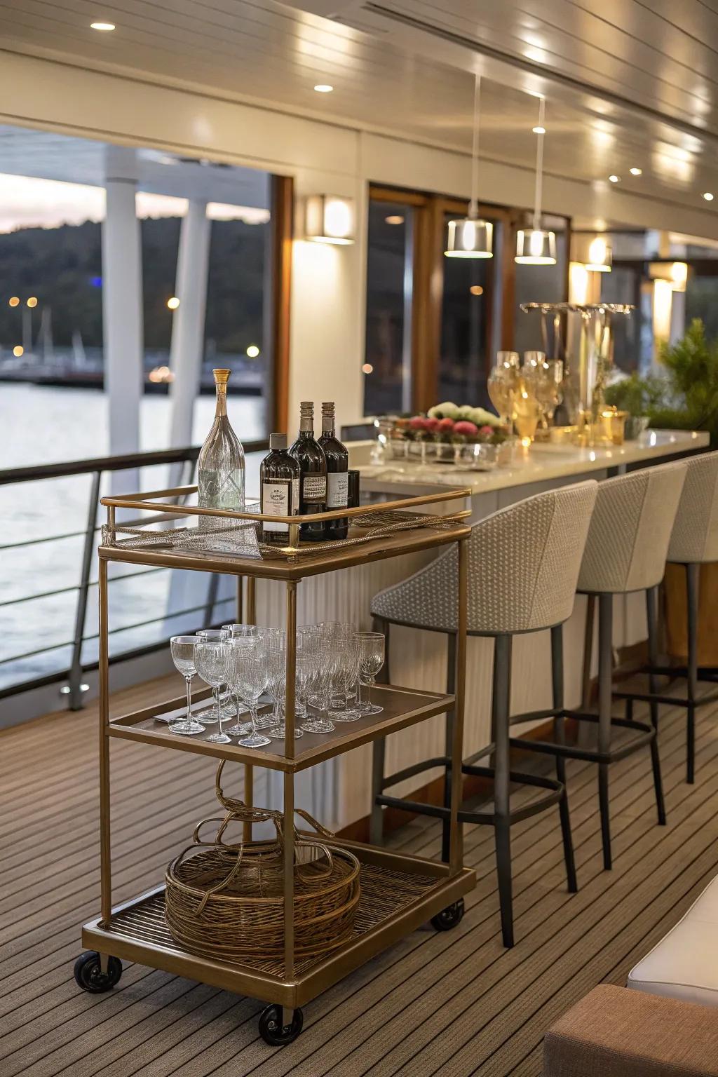 A portable bar setup adds a social element to this indoor deck.