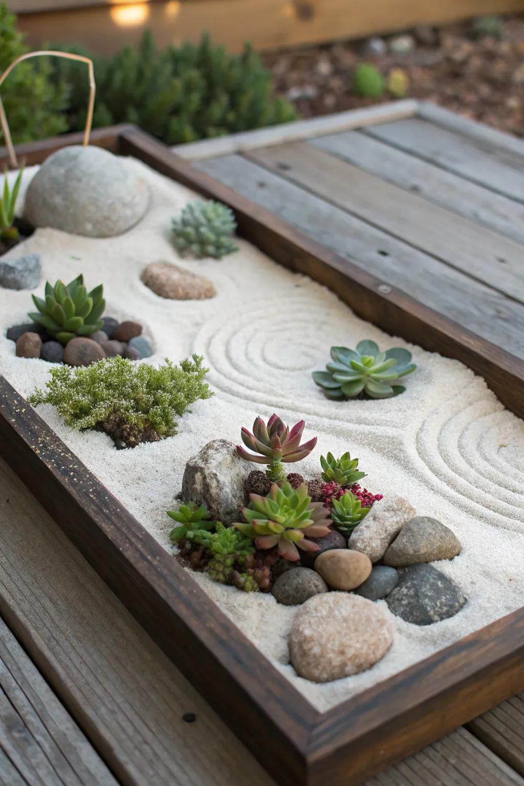 A succulent zen garden offers a hint of peace.