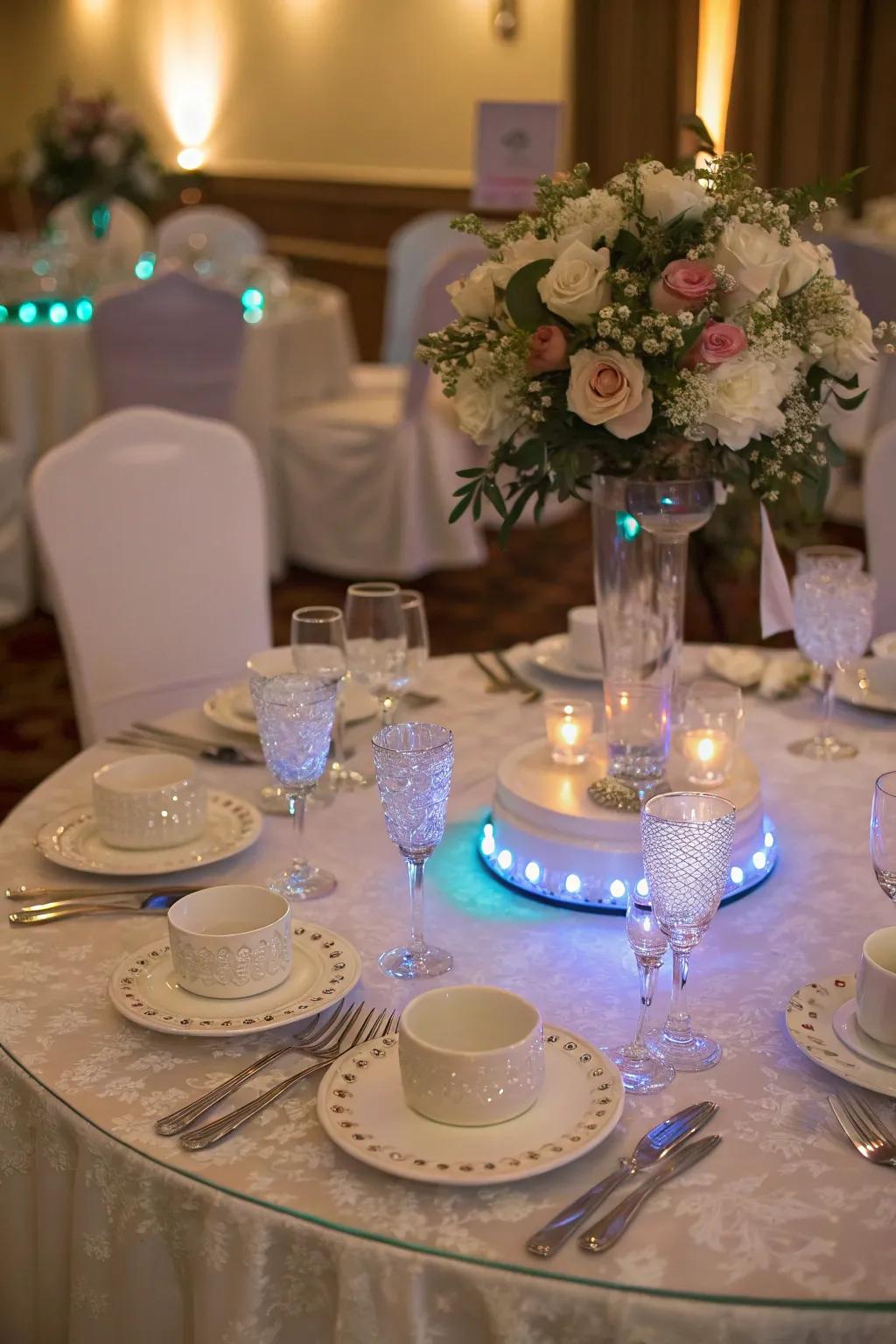 Diode light platforms make table centerpieces prominent.