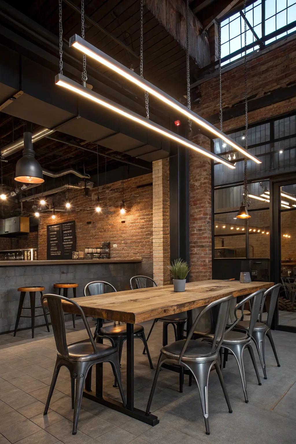 Industrial chic dining alcove featuring elongated LED illumination