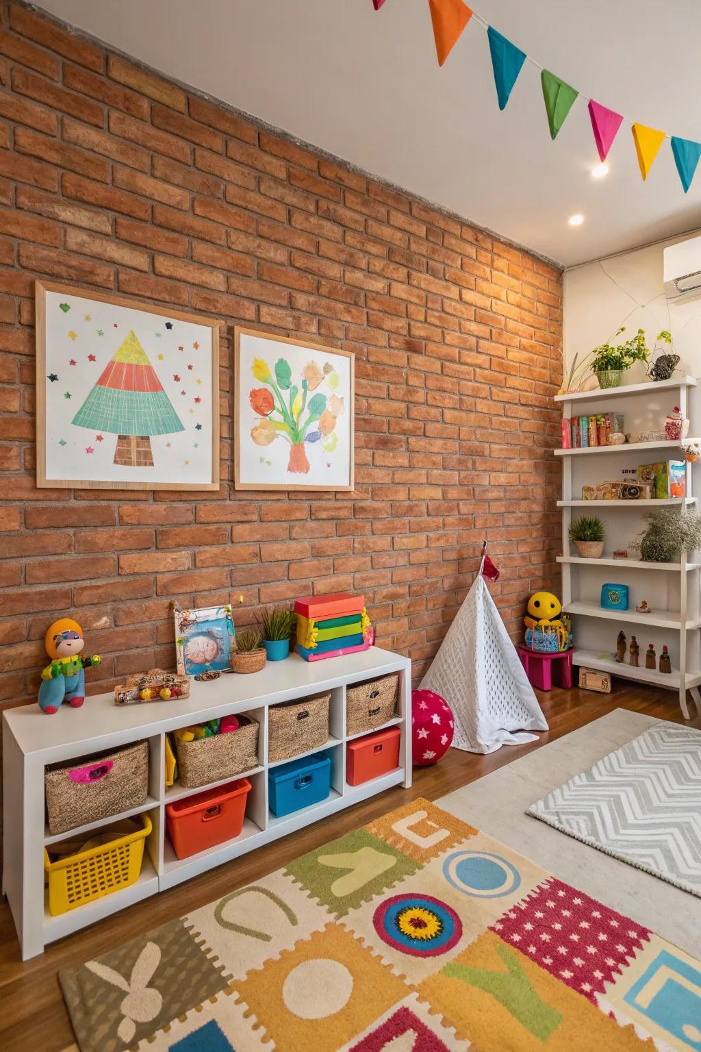 A playful children's room with a brick wall, combining sophistication with fun elements.