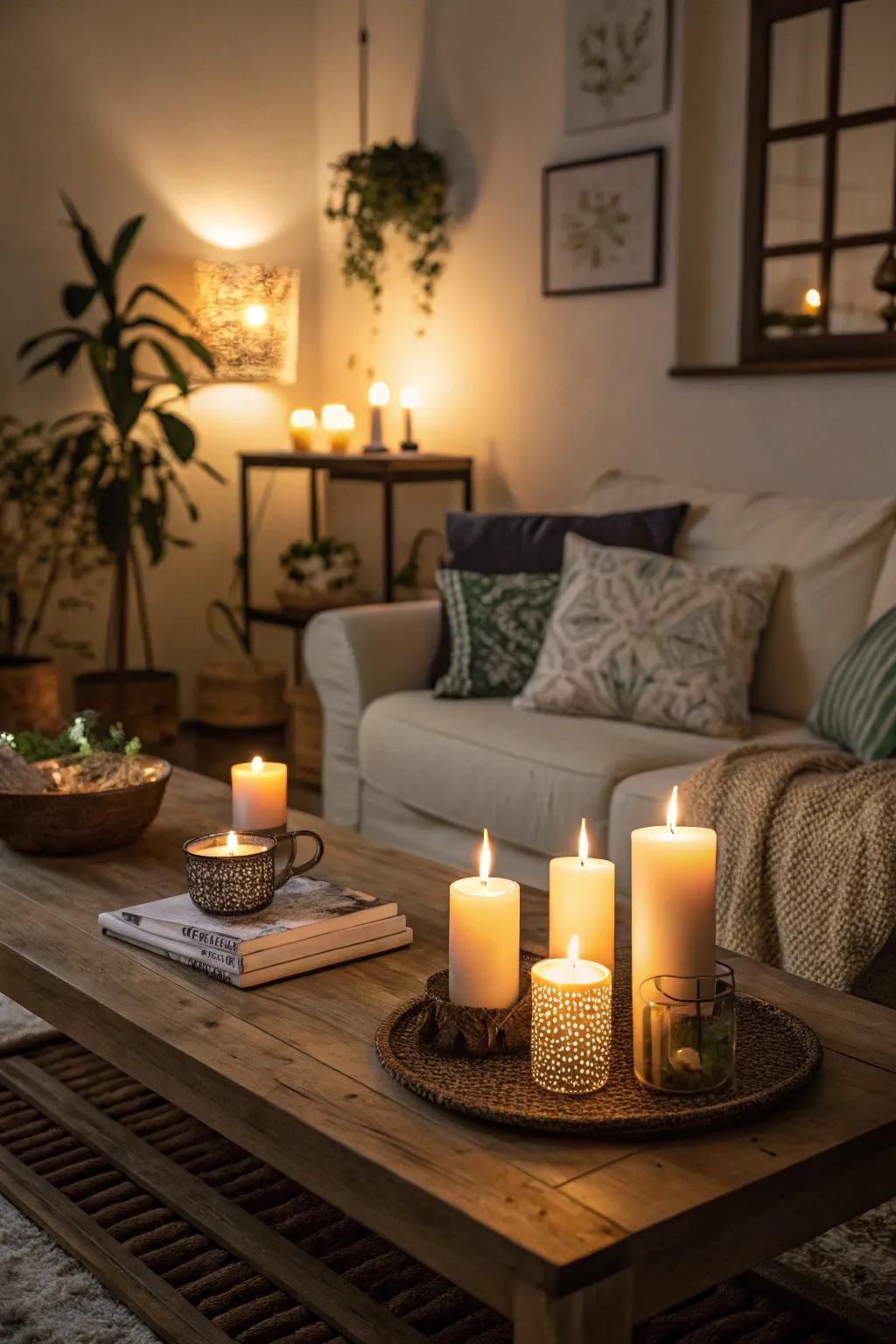 Candlelight injecting warmth and intimacy into a living space.