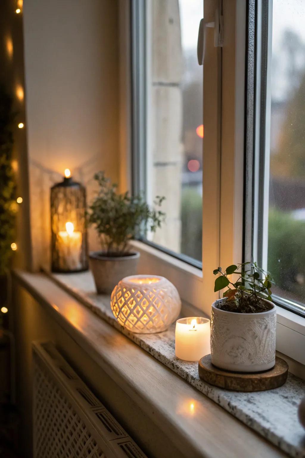 A window sill with integrated lighting, casting a warm and inviting glow.