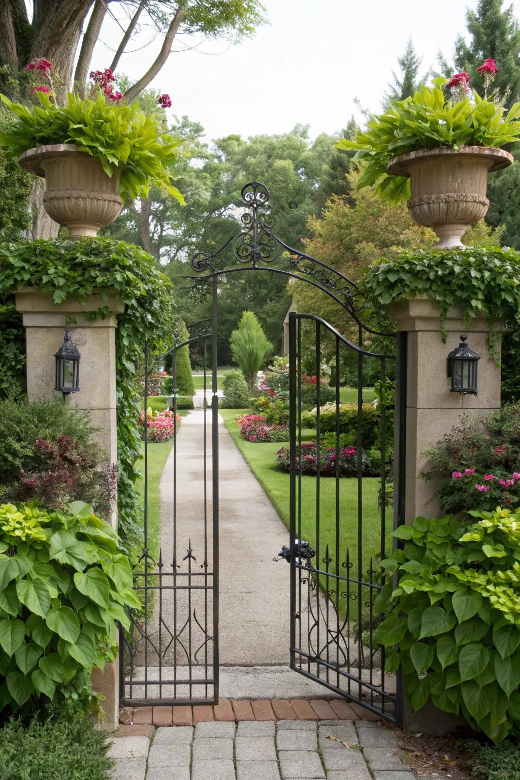 An eco-friendly iron gate with greenery enhancing its charm.