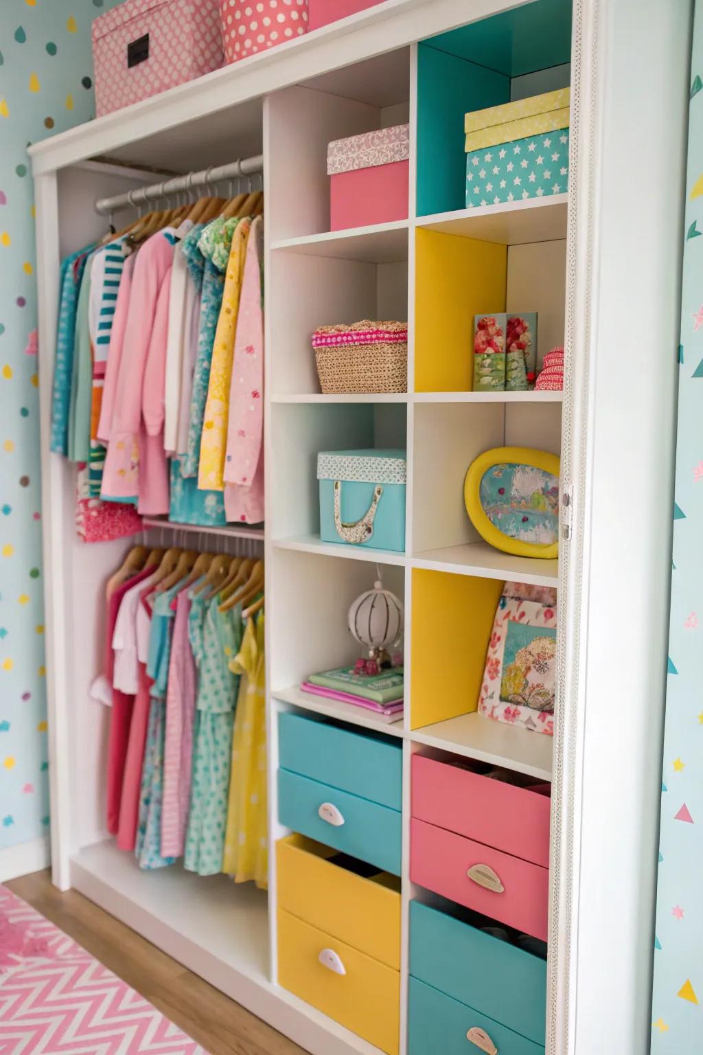 A vibrant color palette gives energy and fun to a closet.