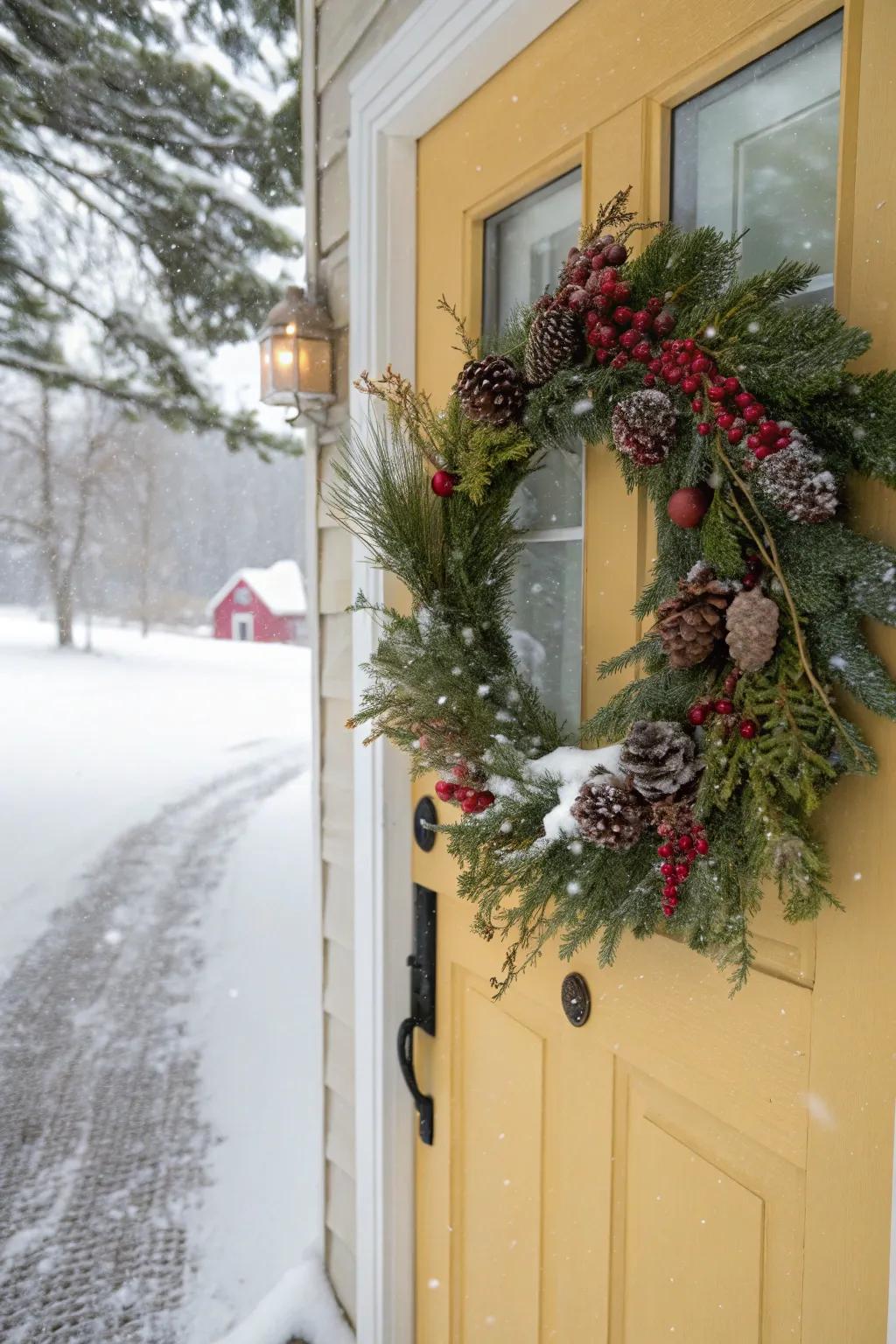 A winter door decoration provides a friendly welcome.