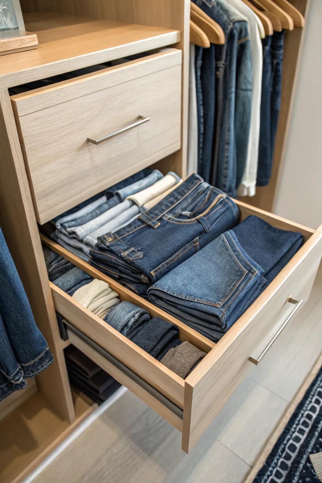 Slide-out drawers furnish simple access and arranged storage for jeans.