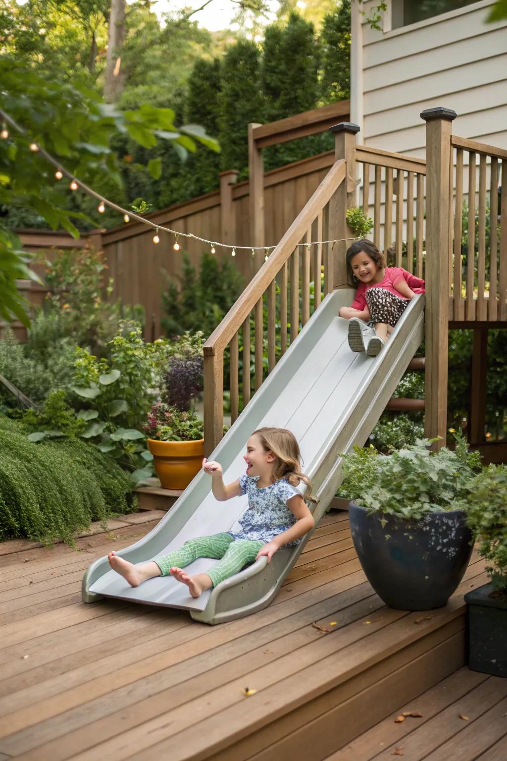 A deck featuring a mini slide attached where children are sliding down joyfully.