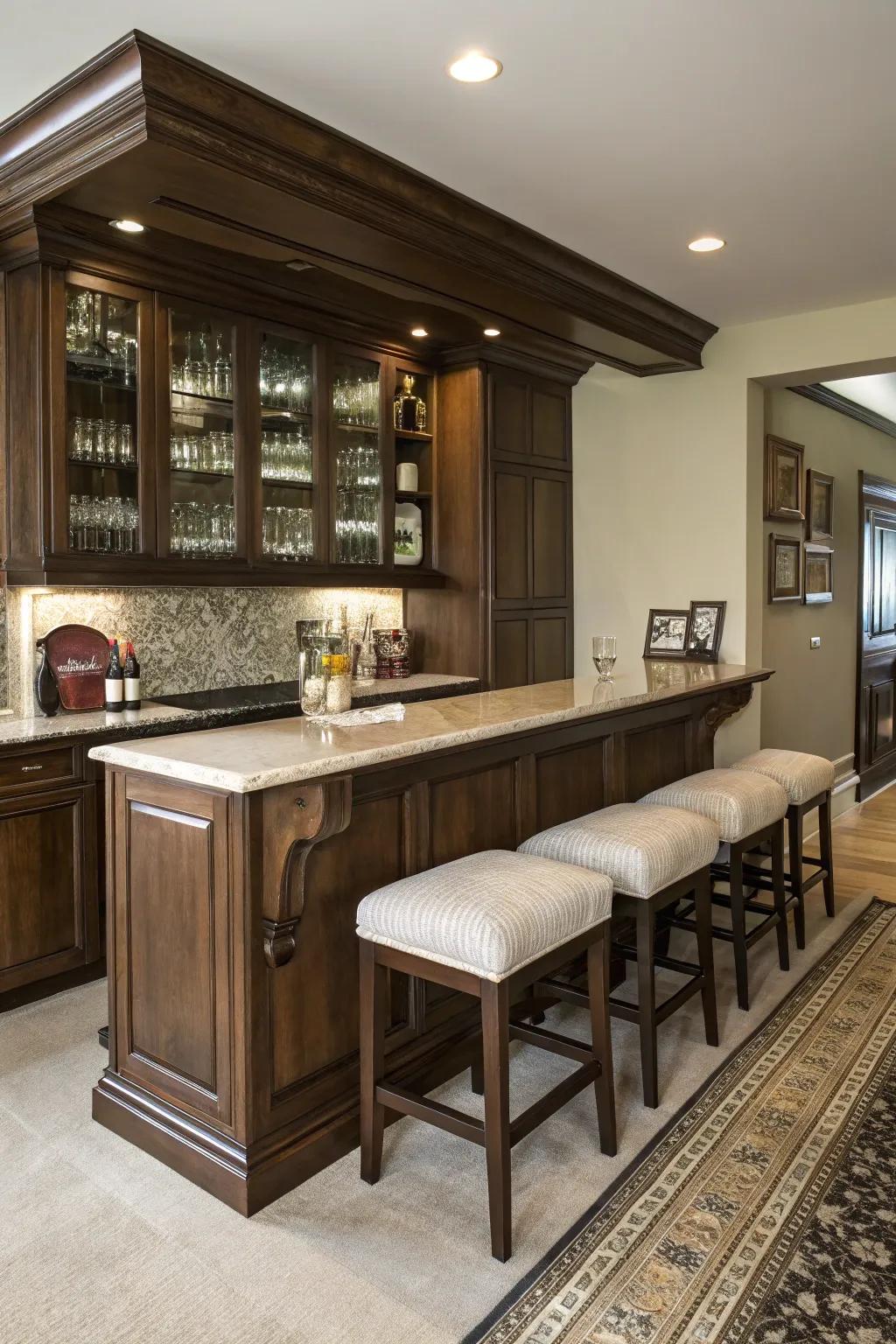 Fitted seating makes this bar cabinet a social centerpiece.