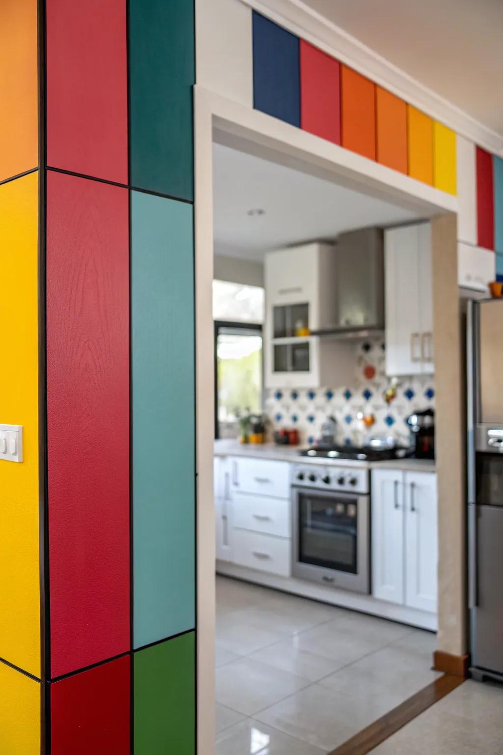 Bold color blocks create an energetic focal point in your kitchen.