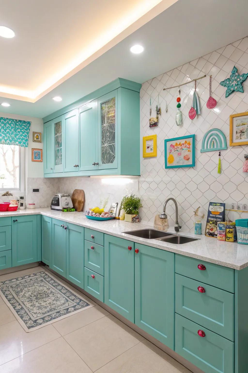 Turquoise cabinets bring a vibrant and playful energy to the kitchen.