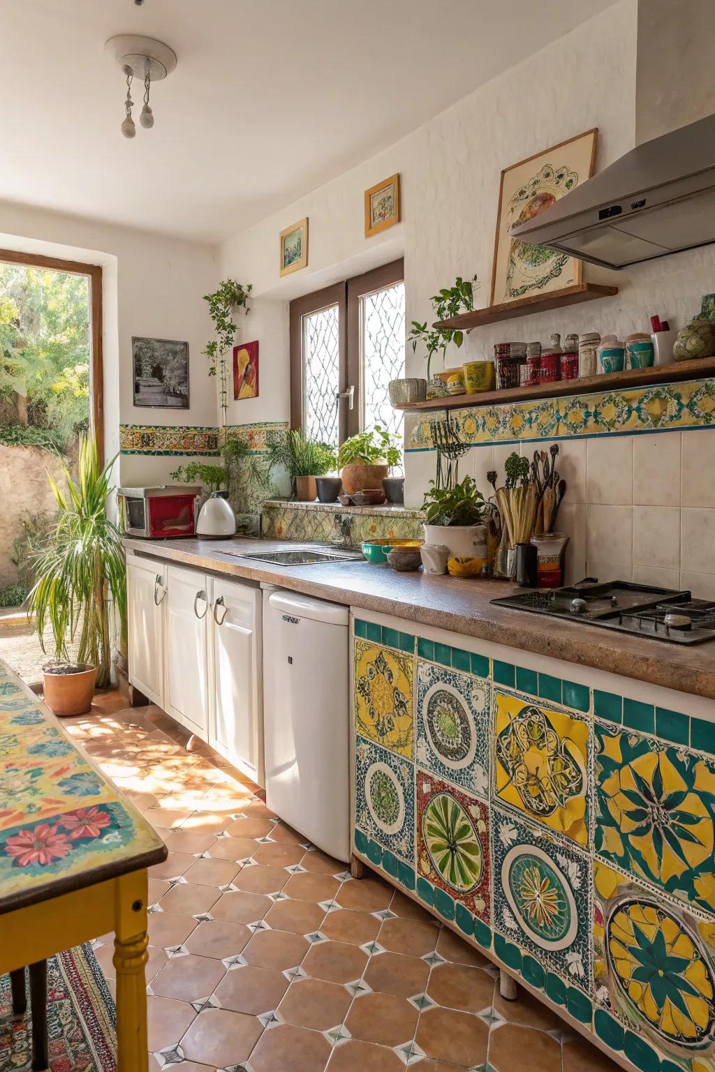 Chromatic tessellated work surfaces infuse liveliness into the culinary sphere.