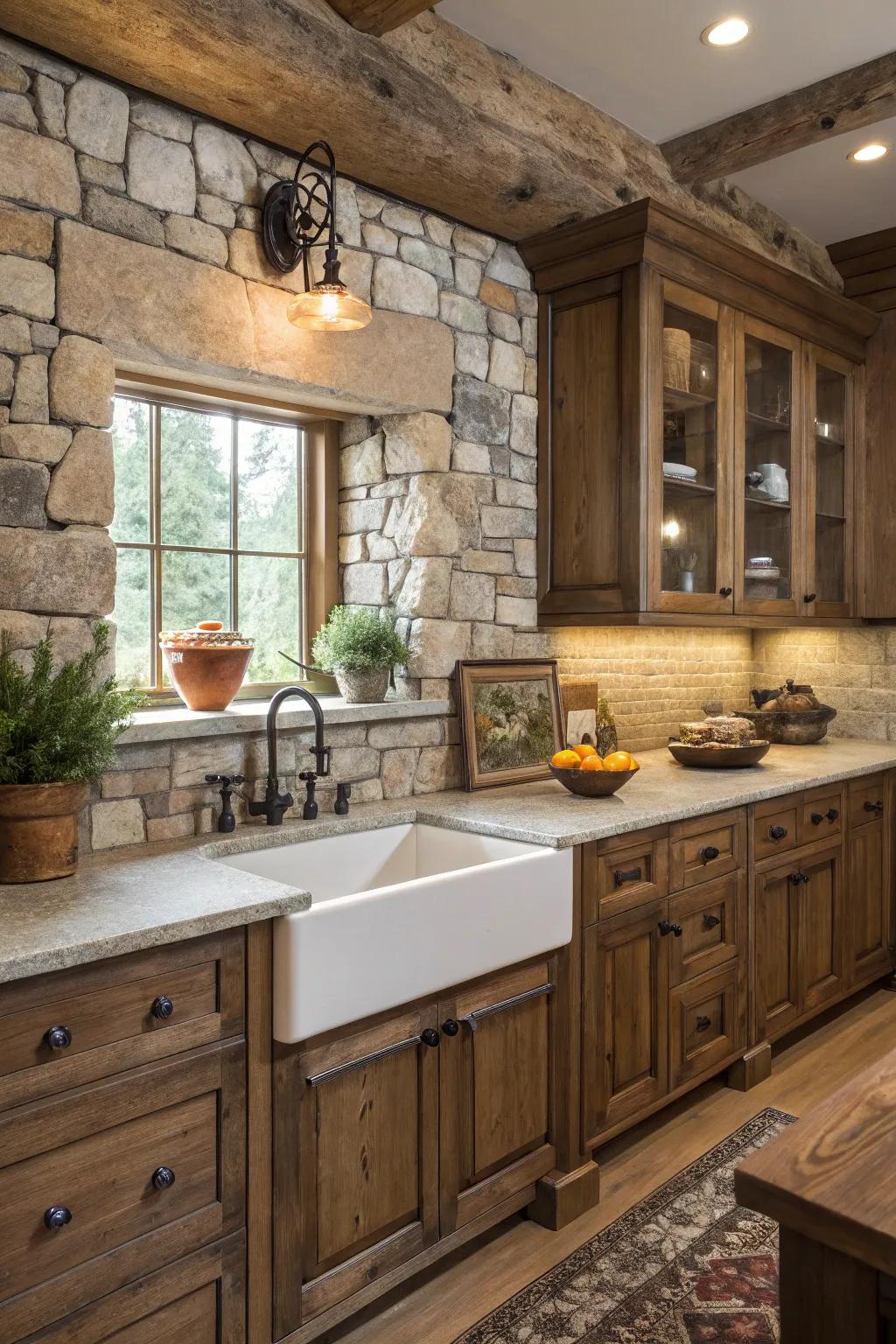 Polished rustic style with stone and quartz.