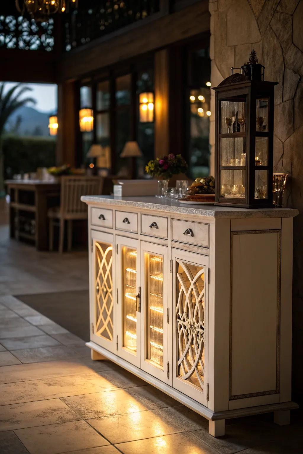 Dynamic lighting emphasizes the credenza's role in the kitchen.