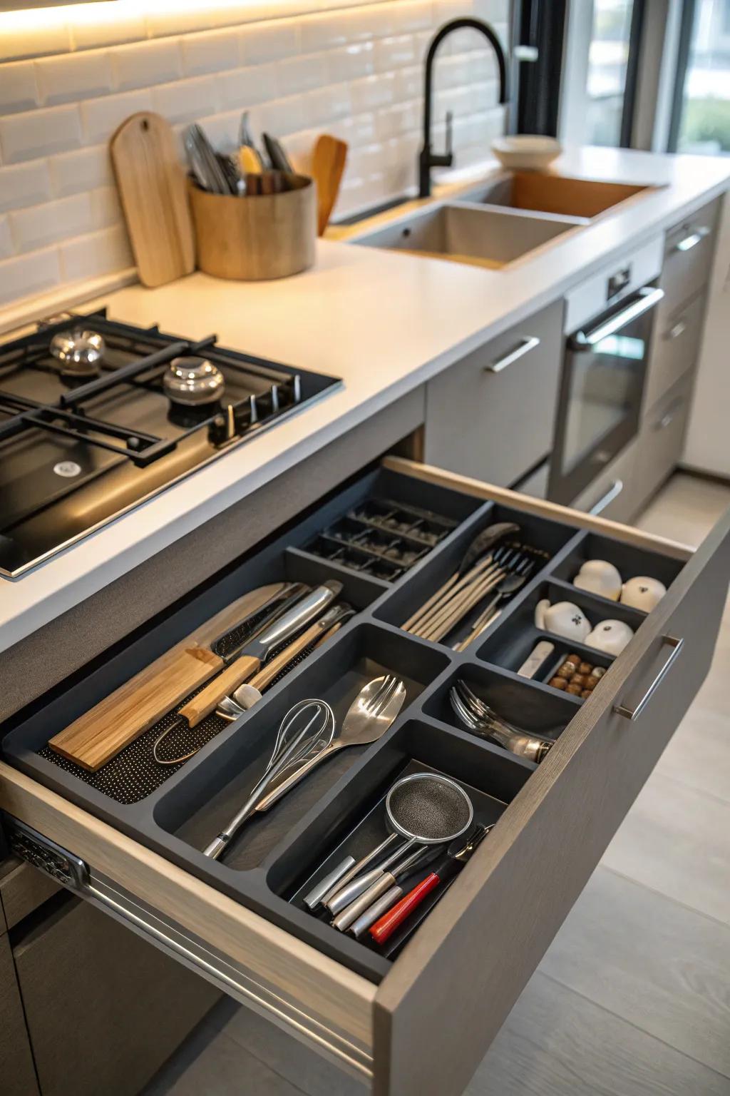 Make your cooking easier with area-saving designs in your kitchen drawers.