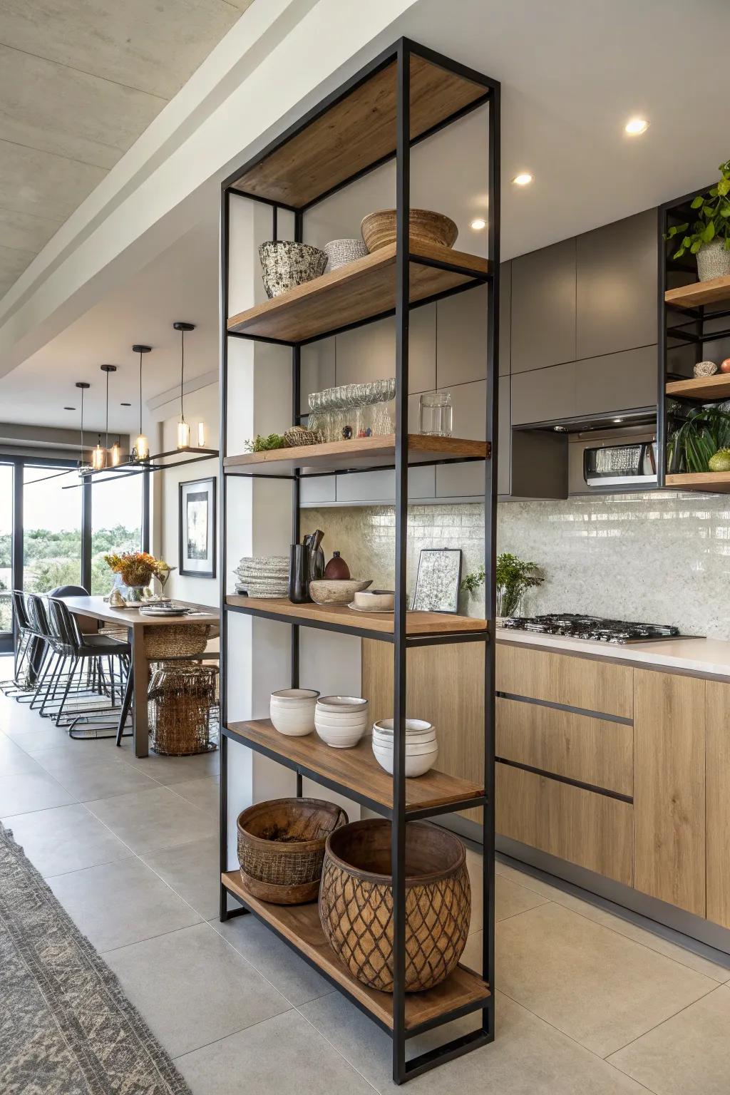 Shelves serve as functional zone dividers.