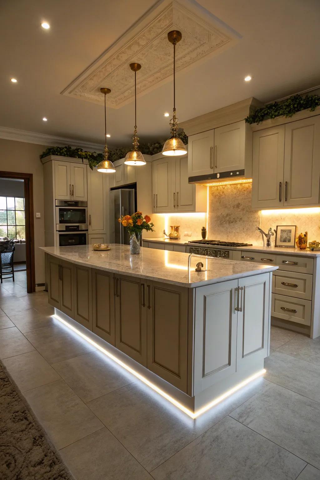 Island with built-in illumination for a modern and warm ambiance.